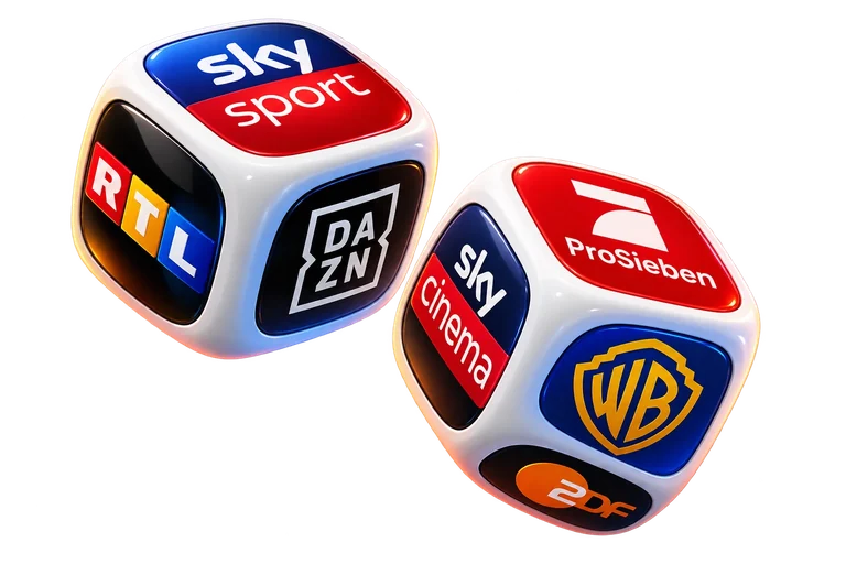 Zwei 3D-Würfel mit TV-Senderlogos wie Sky Sport, RTL und ProSieben
